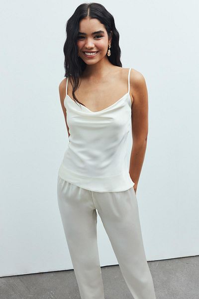 Feu De Elu Ecru Satin Pajama Set -DegajeCollar and Strap Long Burle