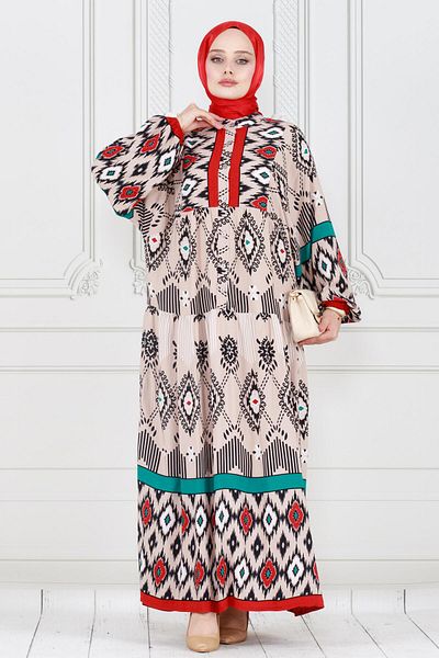 Sevitli Beige Ikat PatterneD Half Button Dress