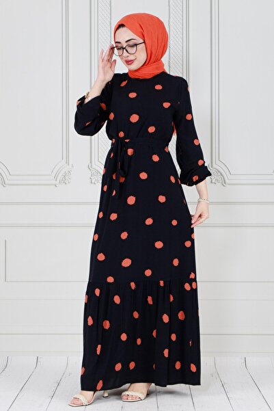 Sevitli Puantiyeli Kuşaklı Tesettür Elbise-Turuncu