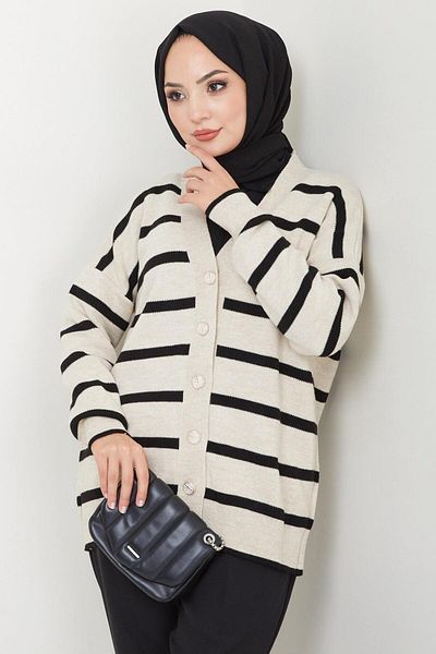 hafsamina Stone Colored Striped Araboy Knitwear Cardigan - Button Detailed Hm2516