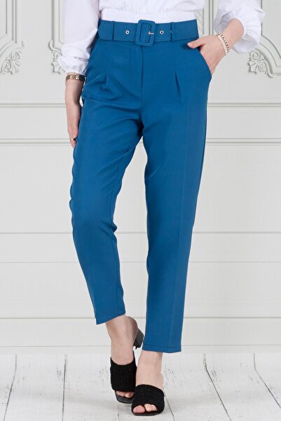 Sevitli Pantaloni creion plisați albaștri - cu centură în talie