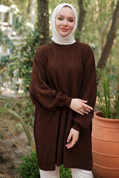 hafsamina Μοντέλο HM2519 Καφέ Πλεκτό Τούνικ - Μπαλόνι Μανίκια