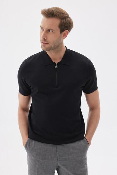 odelon Чоловічий чорний поло з коміром-стійкою з трикотажу - з прямою застібкою-блискавкою