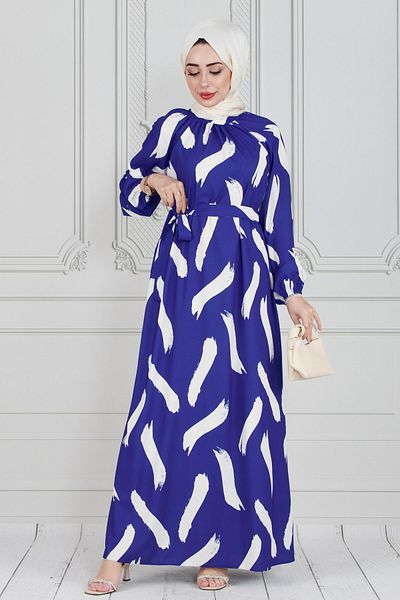 Sevitli Blue Satin Hijab Dress - Brush Pattern