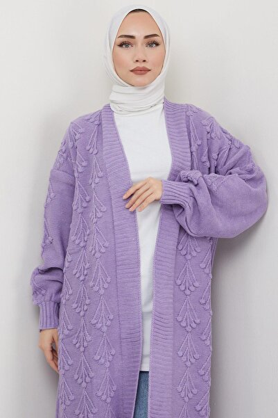 hafsamina Μακρύ πλεκτό ζακέτα με σχέδιο κεράσι λιλά HM2334