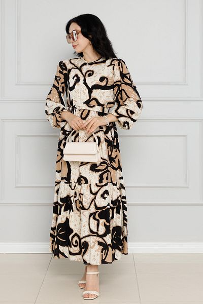 Sevitli Viscose Dress - Floral Pattern and Belted, Mink