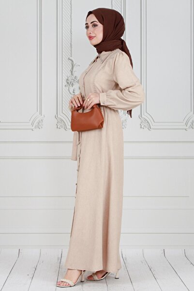 Sevitli Μπεζ λινό φόρεμα - με μαργαριταρένιο κλείσιμο και λεπτομέρεια με κουμπιά