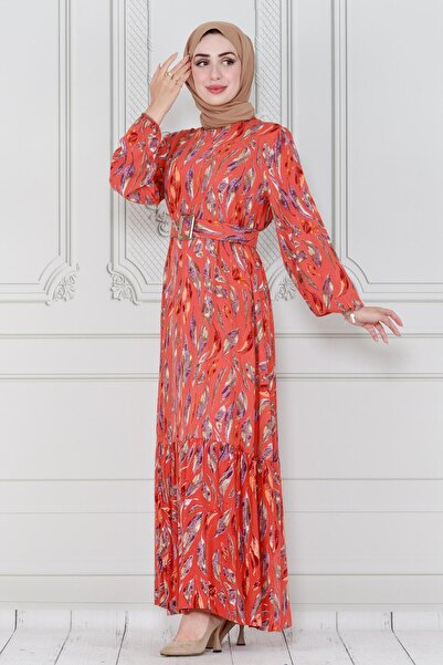Sevitli Orange Viscose Dress - Leaf Pattern