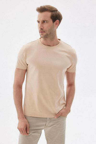 odelon Ανδρικό μπλουζάκι με λαιμόκοψη σε μπεζ Slim Fit Crew - 100% βαμβάκι
