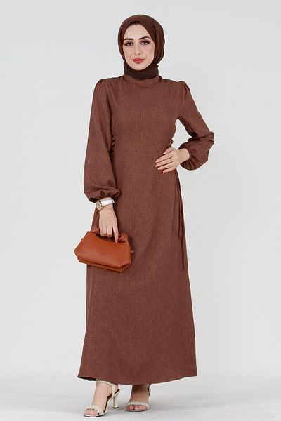 Sevitli Linen Dress with Side Ties-brown