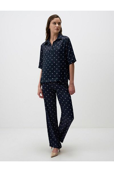 Jimmy Key Navy Blue V-Neck Relaxed Fit Patterned Satin Blouse