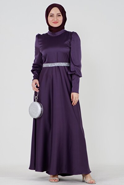 Sevitli Βραδινό φόρεμα από σατέν με πέτρες Küşağı - Μωβ