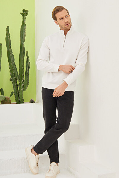 odelon Men's Ecru Sweatshirt - Half Zipper