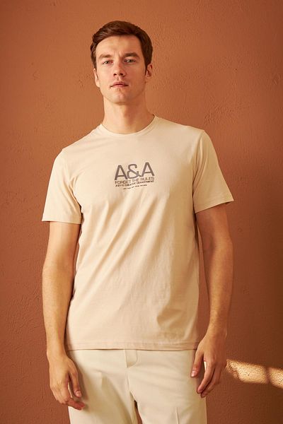 odelon Ανδρικό μπλουζάκι Mars14 σε μπεζ χρώμα - Comfort Fit and Printed