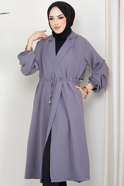 hafsamina Buttoned and Tied Trench Coat Gray