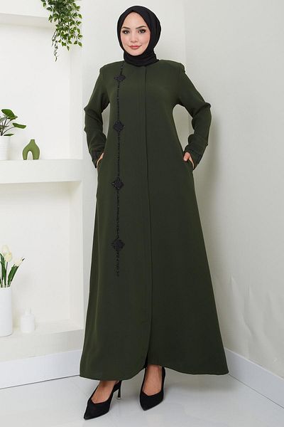 hafsamina Khaki Ferace - Erva Stone Detailed, Model HM2478