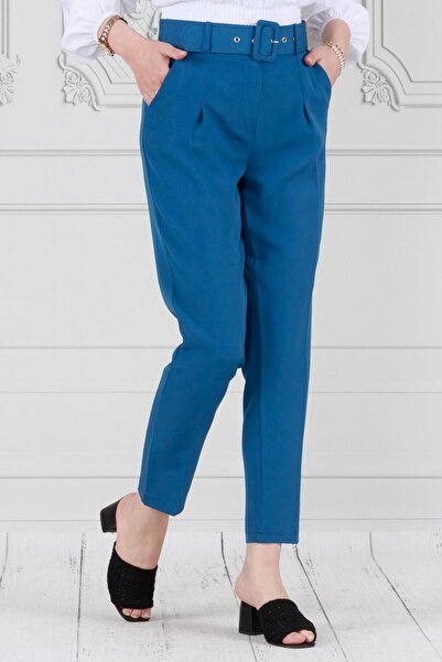 Sevitli Pantaloni creion plisați albaștri - cu centură în talie