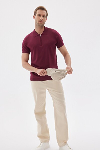 odelon Men's Claret Red Knitwear Polo Collar T-Shirt - Plain Zipper, Rayon