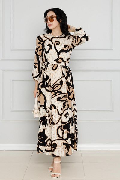Sevitli Viscose Dress - Floral Pattern and Belted, Mink