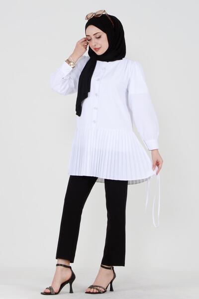 Sevitli Φούστα με πλισέ μπροστά με κουμπιά-Λευκό