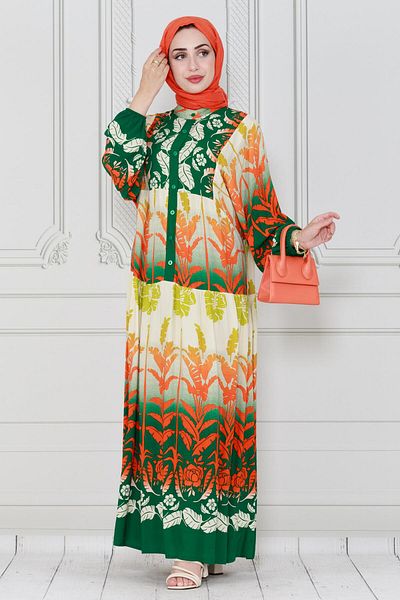 Sevitli Green Viscose Dress - Leaf Printed