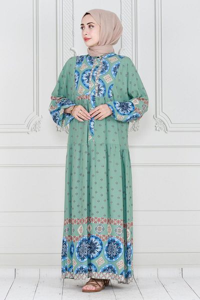 Sevitli Mint Green Viscose Dress - Half Buttoned and Printed