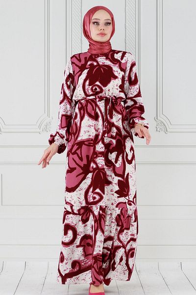 Sevitli Burgundy Viscose Dress - Tulip Patterned and Belted Waist