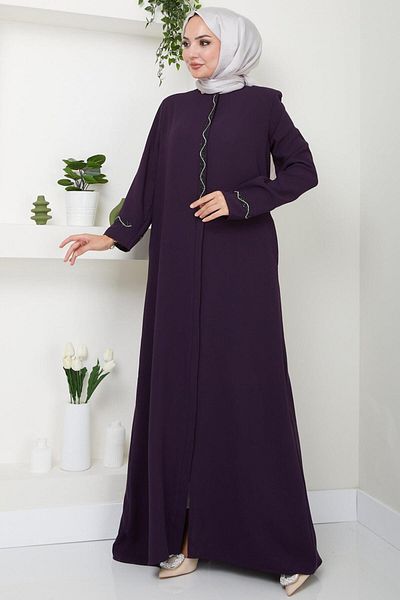 hafsamina Plum Desita Stone Detailed Ferace - HM2469
