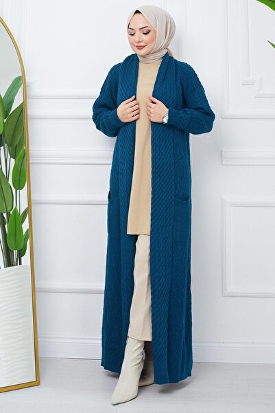 hafsamina سترة تريكو فضفاضة بياقة شال زيتية HM2248