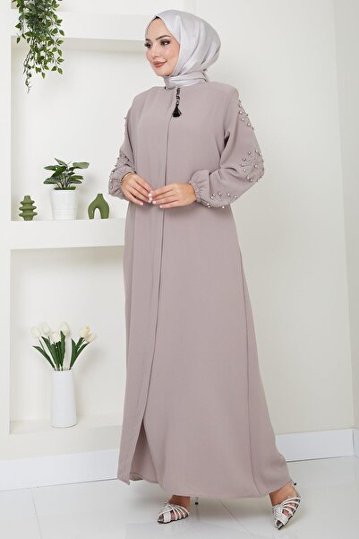 hafsamina Beige Ferace - Stone Detailed Arm, HM2494