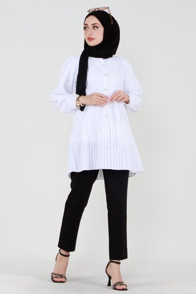 Sevitli Φούστα με πλισέ μπροστά με κουμπιά-Λευκό