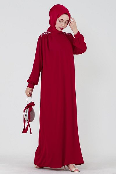 Sevitli Embroidered Shoulder Waist Belted Hijab Dress-Red