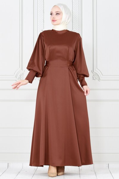 Sevitli Satin Evening Dress with Tie Back Sleeve Button-Brown
