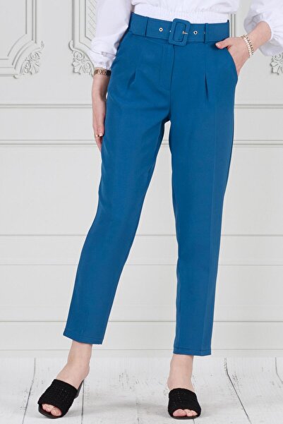 Sevitli Pantaloni creion plisați albaștri - cu centură în talie