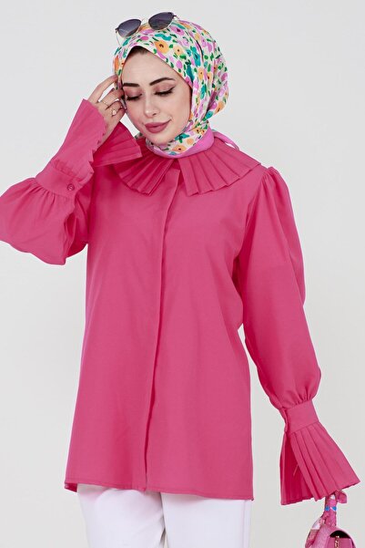 Sevitli Kolu Piliseli Gömlek -Fuşya
