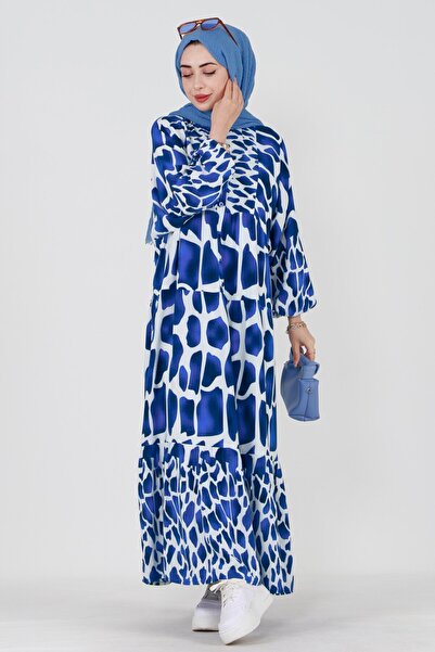 Sevitli Φόρεμα Zümra Robalı με μισό κουμπί βισκόζης-Μπλε