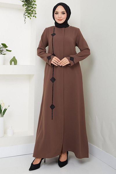 hafsamina Tan Erva Stone Detailed Ferace - HM2478
