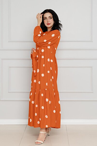 Sevitli Πορτοκαλί φόρεμα Σεπτεμβρίου - Πουά και φύλλο