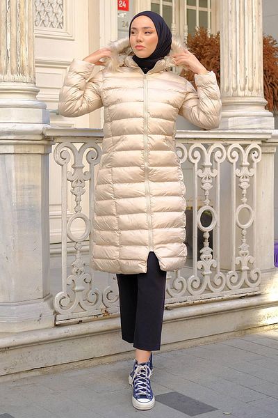 hafsamina Παλτό Puffer με επένδυση Μπεζ HM2294