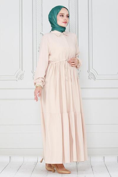 Sevitli Φόρεμα Sare σε μπεζ χρώμα - με γιακά πουκαμίσου και τούνελ μέσης