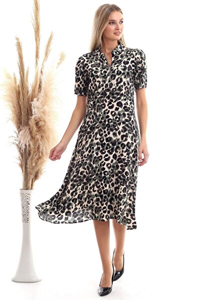 Cotton Mood 20333381 Dok.Viskon Dsn. Collar Zippered Short Sleeve Flared Dress Khaki