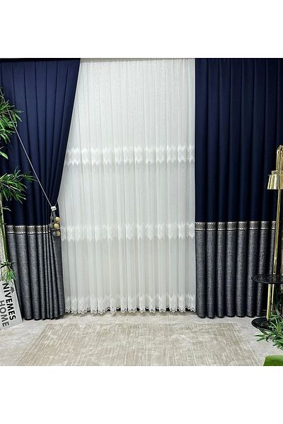 NİVEMESHOME Nivemeshome Retro Navy Blue- Gray 1/3 Close Pleat Background Curtain Apm