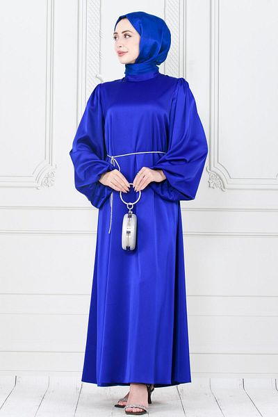 Sevitli Rochie de seară Saks Blue Ece - mânecă cu balon și frânghie cu detaliu de piatră