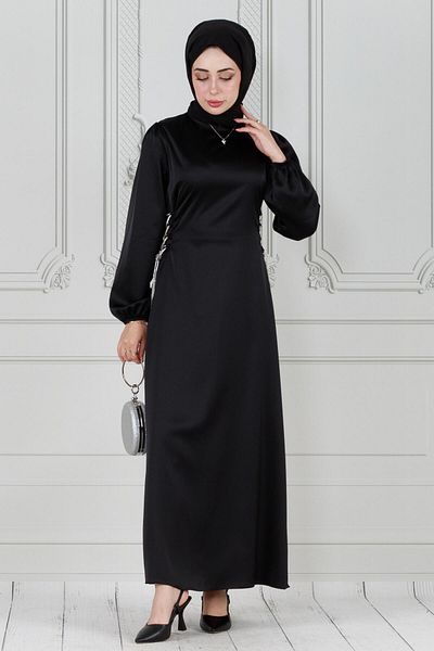 Sevitli Rochie de seara neagra satinata - siret cu detaliu in piatra