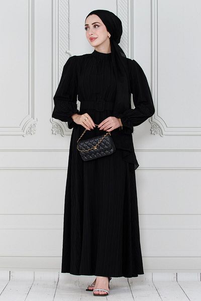 Sevitli Rochie Hijab Neagră - Detaliată cu centură