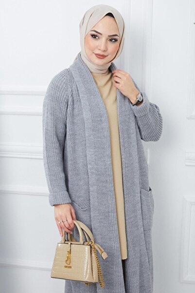 hafsamina Shawl Collar Pocket Knitwear Cardigan Gray HM2243
