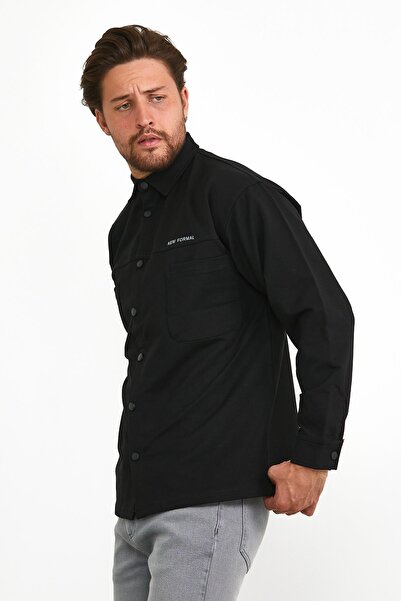 odelon Çıtçıt Detaylı Slim Fit Sweatshirt Erkek Siyah Dış Gömlek