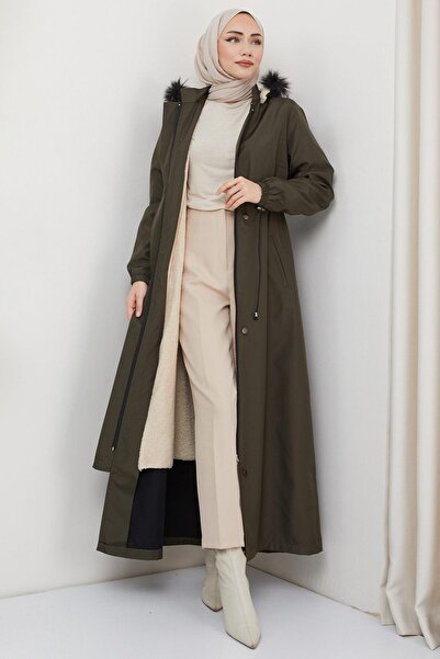 hafsamina Παλτό Bondit σε όλο το μήκος με γούνινη επένδυση Khaki HM2331