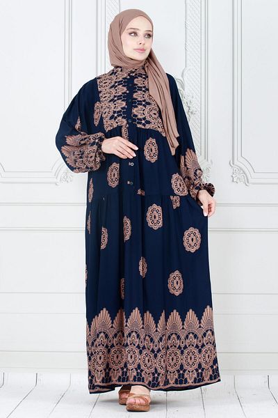 Sevitli Rochie Hijab Viscon Albastru Marin - Motiv Motiv și Robă