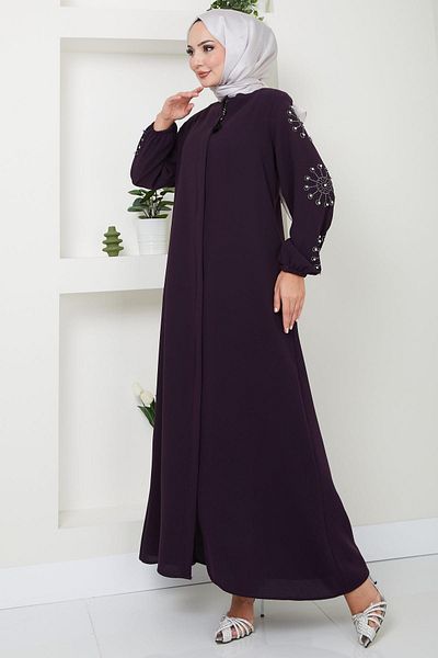 hafsamina Λεπτομερής Plum Ferace με πέτρα και μαργαριτάρια - HM2494